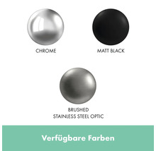Verfügbare Farben: Chrom, Mattschwarz und gebürstete Edelstahloptik.