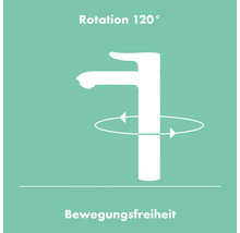 Symbol für einen Wasserhahn mit 120 Grad Drehwinkel für Bewegungsfreiheit