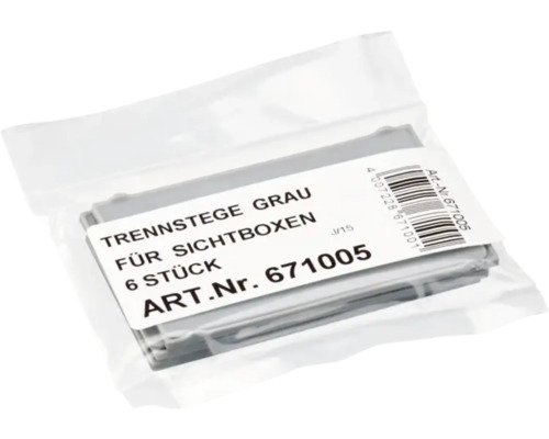 Sechs graue Trennstege für Sichtboxen in einer Verpackung.