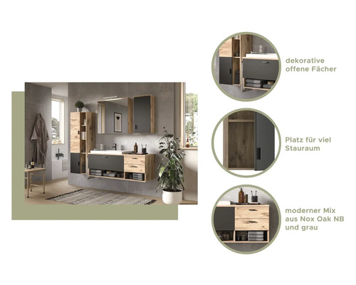 Badezimmer mit Waschbeckenunterschrank, Spiegelschrank und Hochschrank im modernen Design.