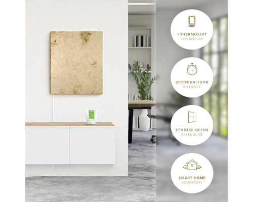 Infrarotheizung mit Thermostat und Zeitschaltuhr an einer Wand montiert