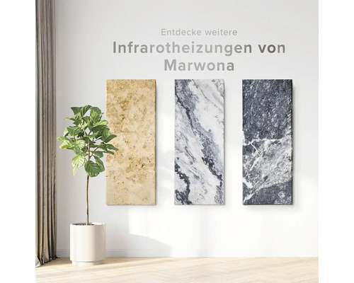 Drei Infrarotheizungen von Marwona mit unterschiedlichen Oberflächen und eine Topfpflanze in einem hellen Raum.