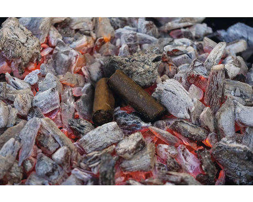 Grillbriketts zwischen glühender Holzkohle