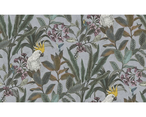 Tapete mit Kakadus, Kolibris, Blättern und Blüten