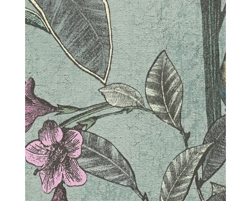 Detailansicht einer Tapete mit Blätter- und Blütenmuster