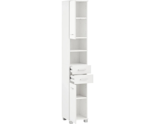 Weißer Badschrank mit offenen Regalen und Schubladen zur Aufbewahrung von Badutensilien