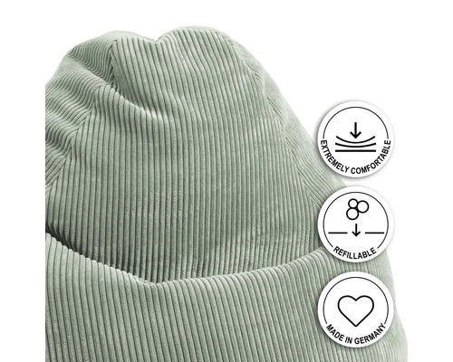 Detailansicht Sitzsack mit Kordbezug und Hinweisen auf Komfort, Nachfüllbarkeit und Herstellung in Deutschland