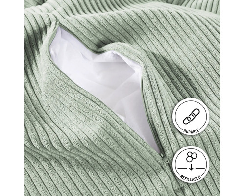 Detailansicht eines Sitzsacks mit Cordbezug, Reißverschluss und den Symbolen für strapazierfähig und nachfüllbar