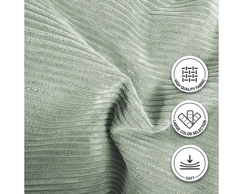 Nahaufnahme von geripptem Stoff mit den Symbolen: hochwertiger Stoff, große Farbauswahl und weich