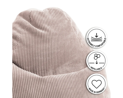 Detailansicht eines Cord-Sitzsacks mit Hinweisen zu Komfort, Nachfüllbarkeit und Herstellung in Deutschland