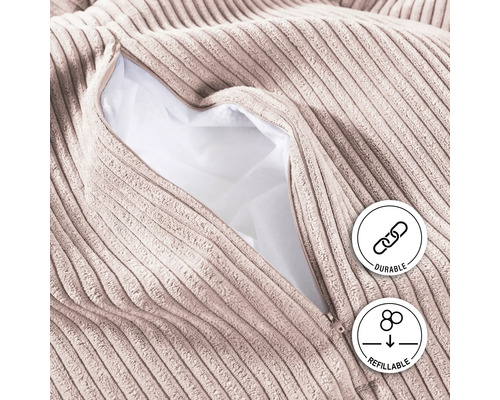 Detailansicht eines Cordstoff-Sitzsacks mit Reißverschluss und Füllöffnung, Symbole für Strapazierfähigkeit und Nachfüllbarkeit.