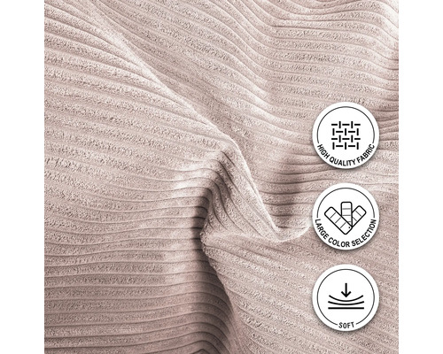 Nahaufnahme von Cordstoff mit den Symbolen hohe Stoffqualität, große Farbauswahl und weich