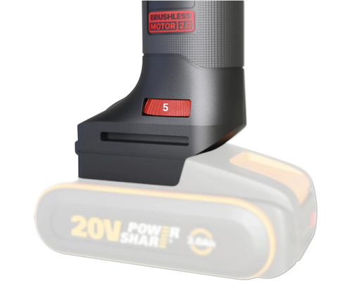 Detailansicht eines Werkzeugs mit rotem Schalter und der Zahl 5.