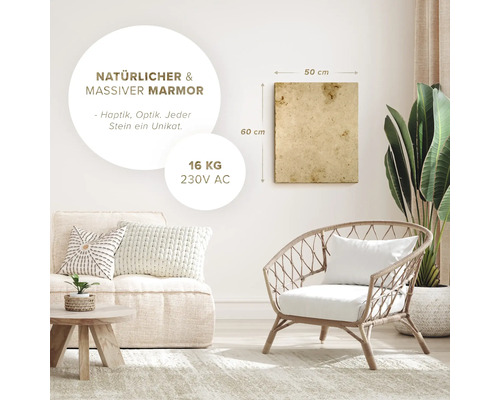 Wohnraum mit Marmorheizung, Sessel und Sofa