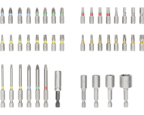 Verschiedene Schrauberbits und magnetische Steckschlüssel in unterschiedlichen Größen.