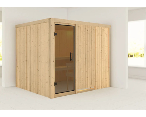 Holzsauna mit Glastür und Bänken