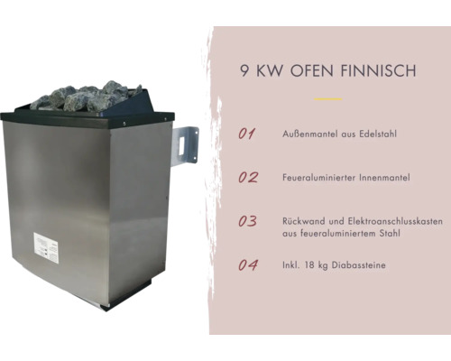 Finnischer 9 kW Saunaofen mit Edelstahl-Außenmantel und 18 kg Diabassteinen