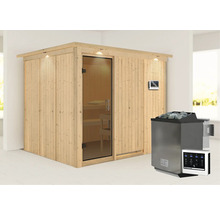 Elementsauna Karibu Gobina inkl. 9 kW Bio Ofen u.ext.Steuerung mit Dachkranz und graphitfarbeneer Ganzglastüre