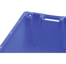 Detailansicht einer blauen Transportbox aus Kunststoff mit Griffen