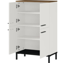 Weißer Mehrzweckschrank mit Holzplatte und offenen Türen