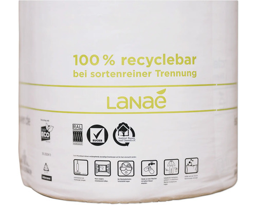 LaNae Dämmwolle Rolle, 100 Prozent recyclebar, RAL Gütezeichen Mineralwolle Logo, EUCEB Logo, Institut Bauen und Umwelt Logo, Hinweise zur Verarbeitung beachten