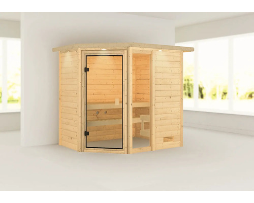 Holzsauna mit Glastür in einem hellen Raum