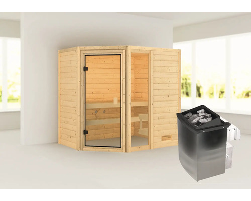 Sauna mit Saunaofen aus Holz und Metall