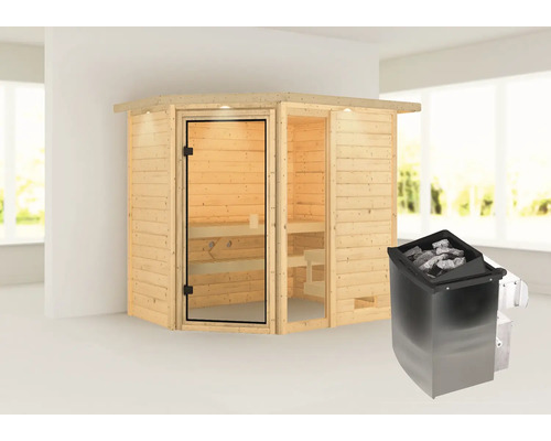 Holzsauna mit Glastür und Saunaofen