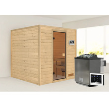 Massivholzsauna Karibu Jara inkl.9 kW Bio Ofen u.ext.Steuerung ohne Dachkranz mit bronzierter Ganzglastüre