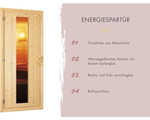 Energiespartür aus Holz mit Glaseinsatz für Saunen