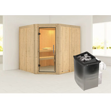 Elementsauna Karibu Jarina inkl. 9 kW Ofen u.integr.Steuerung ohne Dachkranz mit Ganzglastüre aus Klarglas