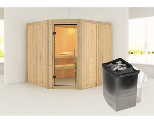 Ecksauna aus Holz mit Saunaofen und Saunasteinen