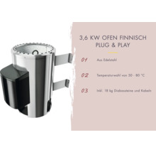 Plug & Play Sauna Karibu Jella inkl.3,6 kW Ofen u.ext.Steuerung mit Dachkranz und bronzierter Ganzglastüre
