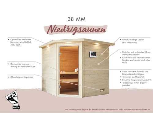 Niedrigsauna 38 Millimeter mit optionalem Dachkranz und LED Spots sowie Innenausstattung aus nordischer Fichte
