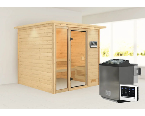 Holzsauna mit Glastür und Saunaofen mit Steinen