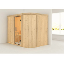 Elementsauna Karibu Korall IV ohne Ofen und Dachkranz mit Ganzglastüre aus Klarglas