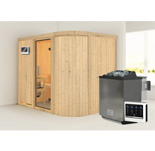 Elementsauna Karibu Korall IV inkl. 9 kW Bio Ofen u.ext.Steuerung ohne Dachkranz mit Ganzglastüre aus Klarglas