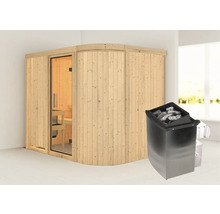 Elementsauna Karibu Korall IV inkl. 9 kW Ofen u.integr.Steuerung ohne Dachkranz mit Ganzglastüre aus Klarglas
