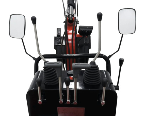 Bedienfeld eines Baggers mit Hebeln und Spiegeln