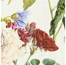 Detailansicht eines floralen Musters mit Rosen und Blättern.