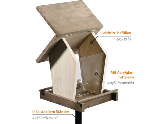 Vogelhaus mit Acrylglas Futterbehälter und stabilem Ständer