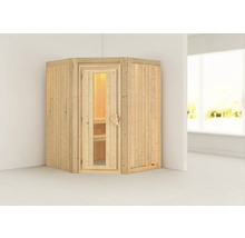 Elementsauna Karibu Larina ohne Ofen und Dachkranz mit Holztüre und Isolierglas wärmegedämmt