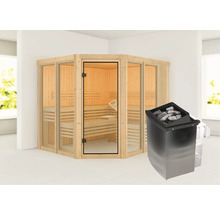 Elementsauna Karibu Mandos 3 inkl. 9 kW Ofen u.integr.Steuerung ohne Dachkranz mit bronzierter Ganzglastüre