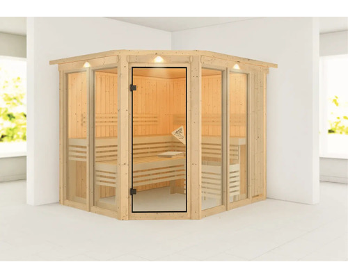 Finnische Sauna mit Holzwänden und Glastür
