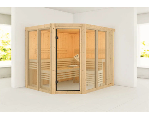 Ecksauna mit Glastür und Holzbänken