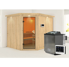 Elementsauna Karibu Malina inkl. 9 kW Bio Ofen u.ext.Steuerung und Dachkranz mit bronzierter Ganzglastüre