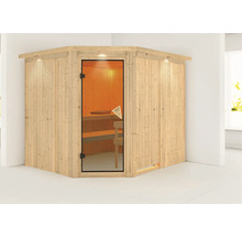 Elementsauna Karibu Malina ohne Ofen mit Dachkranz und bronzierter Ganzglastüre