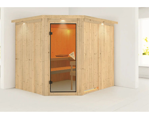 Ecksauna mit Glastür und Holzverkleidung