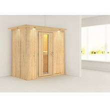 Holzsauna mit Glastür und Beleuchtung in einem Raum.
