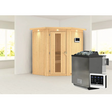 Elementsauna Karibu Maurin inkl. 9 kW Bio Ofen u.ext.Steuerung mit Dachkranz und Holztüre mit Isolierglas wärmegedämmt
